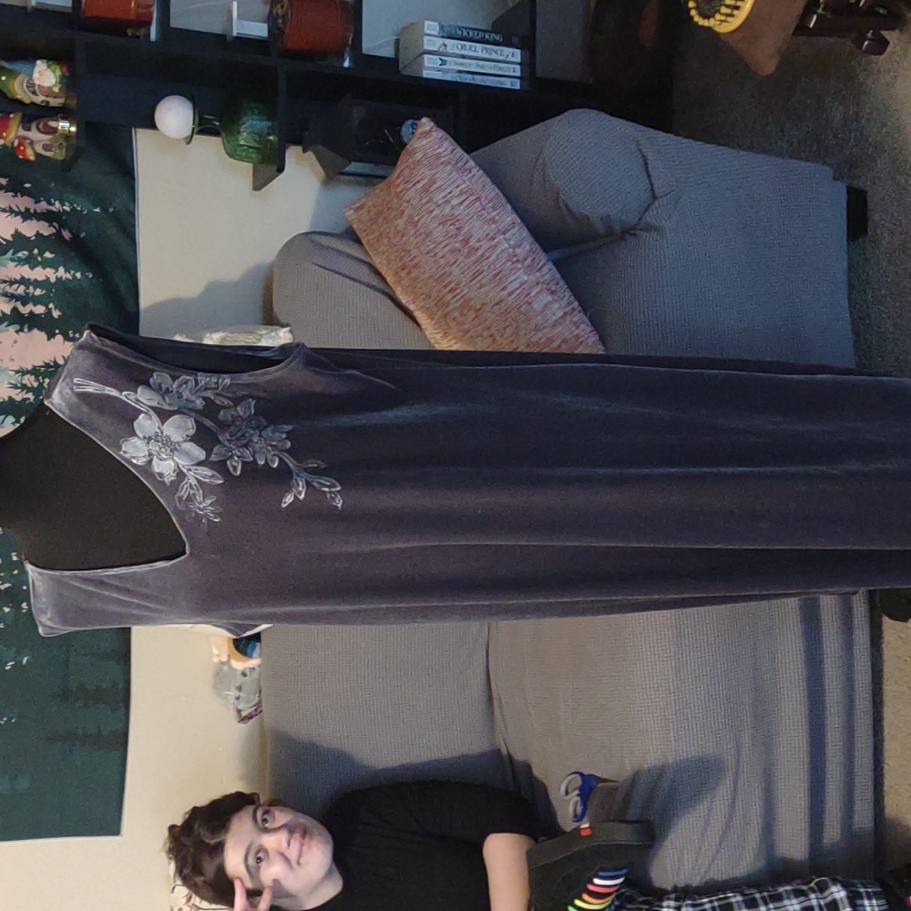 Silver Velvet Floral Vintage Long Sleeveless Dress 3X